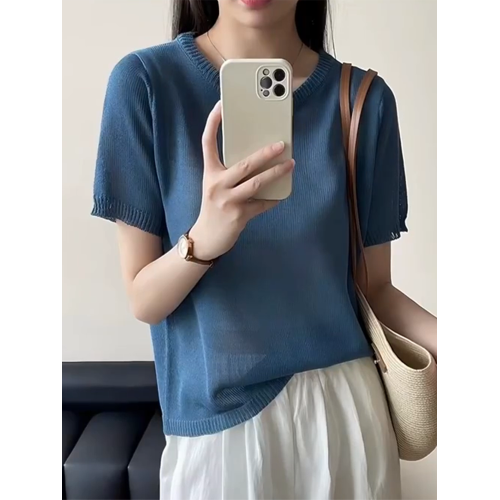 閉眼入系列！歐洲站霧霾藍色圓領短袖夏季簡約顯瘦針織打底衫上衣