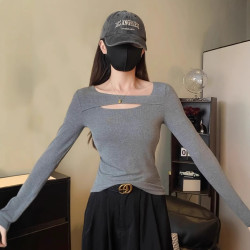 洋氣鏤空打底衫女春秋修身顯瘦內搭小心機設計感針織辣妹短袖上衣