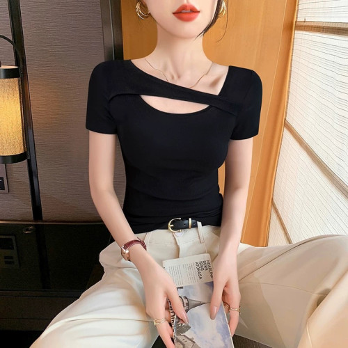洋氣鏤空打底衫女春秋修身顯瘦內搭小心機設計感針織辣妹短袖上衣