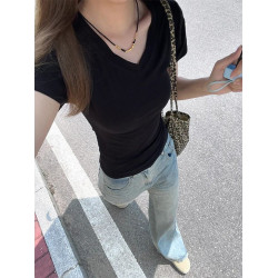 喵古三三 純欲辣妹顯瘦正肩V領短袖T女夏修身收腰百搭短袖打底衫