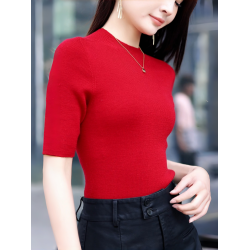 溫爾家 精紡48支美麗諾羊毛修身打底衫女半袖秋季無縫羊毛衫上衣