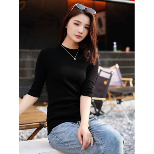 溫爾家 精紡48支美麗諾羊毛修身打底衫女半袖秋季無縫羊毛衫上衣