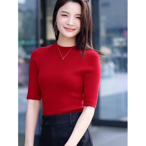 溫爾家 精紡48支美麗諾羊毛修身打底衫女半袖秋季無縫羊毛衫上衣