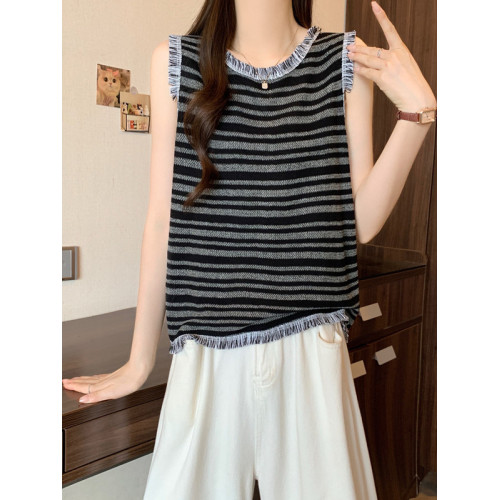 大碼遮肚顯瘦流蘇條紋無袖吊帶打底衫女夏季洋氣減齡百搭背心上衣