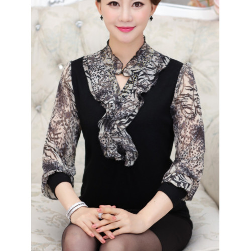 春秋季媽媽打底衫大碼雪紡秋薄款寬松洋氣針織衫中老年女長袖衛衣
