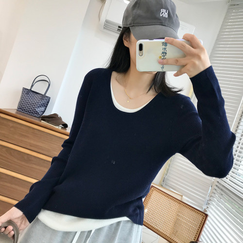 假兩件長袖圓領套頭針織衫女春季韓版寬鬆顯瘦拼色內搭打底衫毛衣