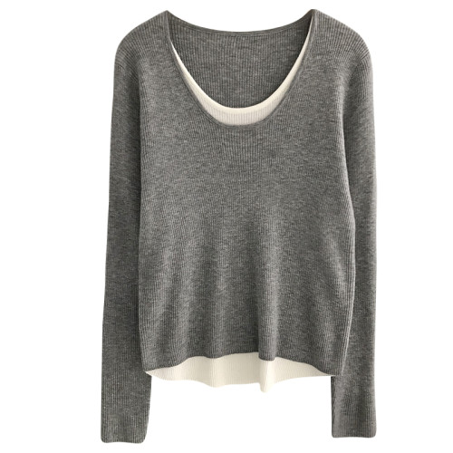 假兩件長袖圓領套頭針織衫女春季韓版寬鬆顯瘦拼色內搭打底衫毛衣