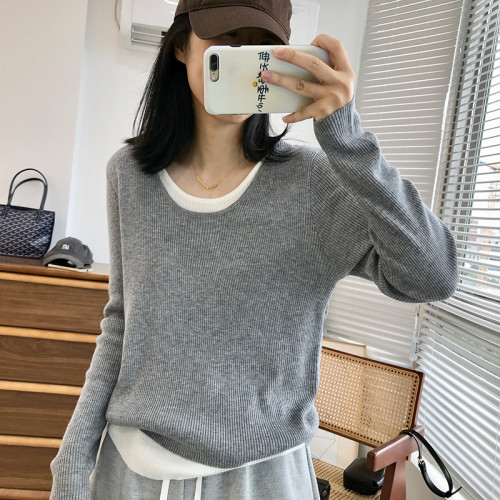 假兩件長袖圓領套頭針織衫女春季韓版寬鬆顯瘦拼色內搭打底衫毛衣