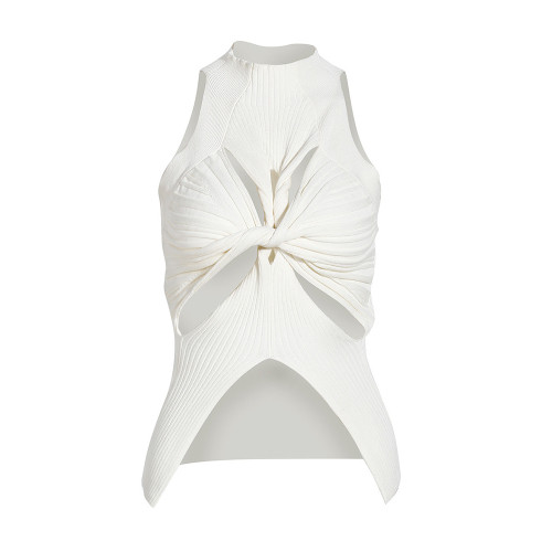 Dionlee無袖鏤空針織吊帶上衣女打底掛脖性感辣妹白色內搭打底衫