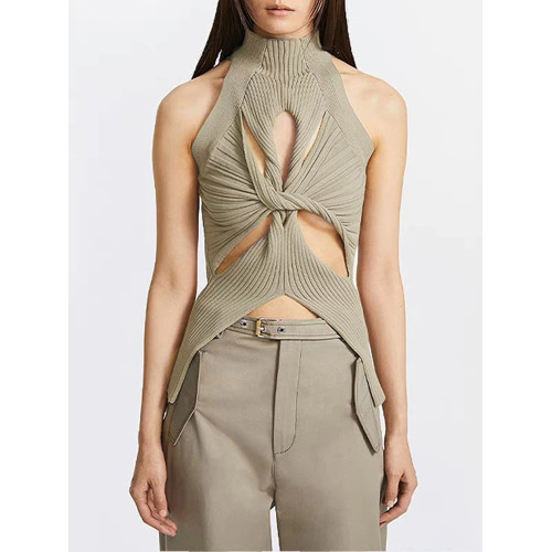 Dionlee無袖鏤空針織吊帶上衣女打底掛脖性感辣妹白色內搭打底衫