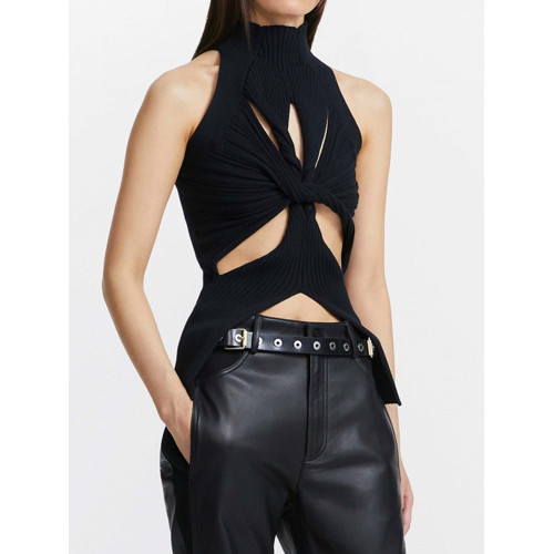 Dionlee無袖鏤空針織吊帶上衣女打底掛脖性感辣妹白色內搭打底衫