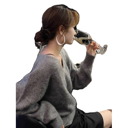秋冬季女紫色軟糯小衆設計感慵懶風復古馬海毛V領針織打底衫毛衣