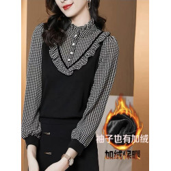 加絨/不加絨 立領假兩件女2025春季長袖格紋打底衫木耳邊顯瘦襯衫