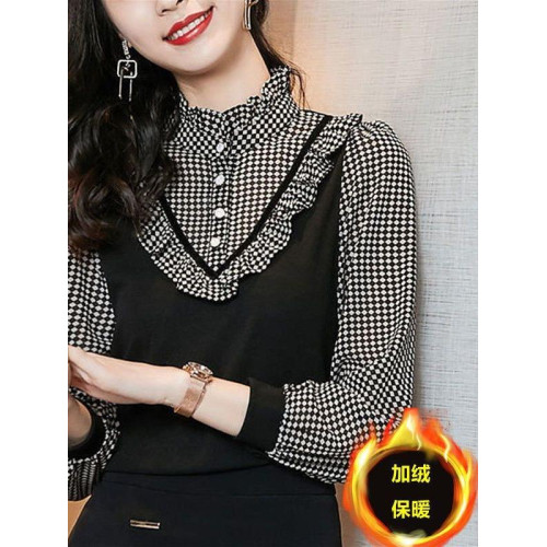 加絨/不加絨 立領假兩件女2025春季長袖格紋打底衫木耳邊顯瘦襯衫