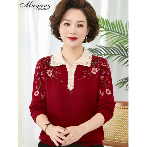 2023年新款媽媽秋裝打底衫洋氣質上衣中年女裝毛衣春秋翻領羊毛衫