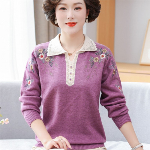 媽媽春秋翻領羊毛打底衫中老年女50嵗秋冬長袖上衣綉花針織薄毛衣