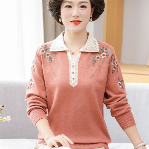 媽媽春秋翻領羊毛打底衫中老年女50嵗秋冬長袖上衣綉花針織薄毛衣