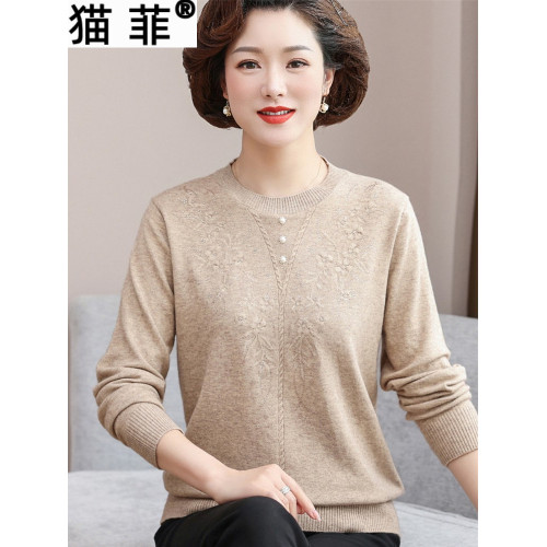 媽媽春裝薄款針織小衫洋氣毛衣2025新款中老年女裝圓領打底衫上衣