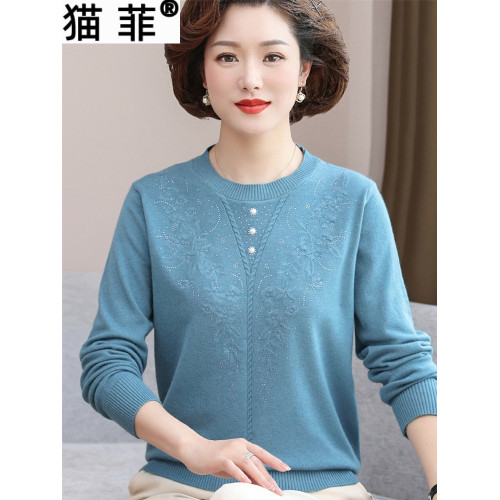 媽媽春裝薄款針織小衫洋氣毛衣2025新款中老年女裝圓領打底衫上衣