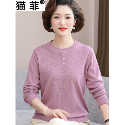 媽媽春裝薄款針織小衫洋氣毛衣2025新款中老年女裝圓領打底衫上衣