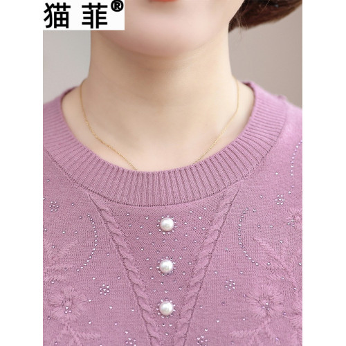 媽媽春裝薄款針織小衫洋氣毛衣2025新款中老年女裝圓領打底衫上衣