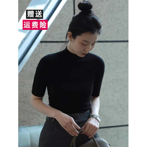 法式黑色薄款半高領打底衫大碼正肩短袖女春秋胖mm中袖內搭上衣