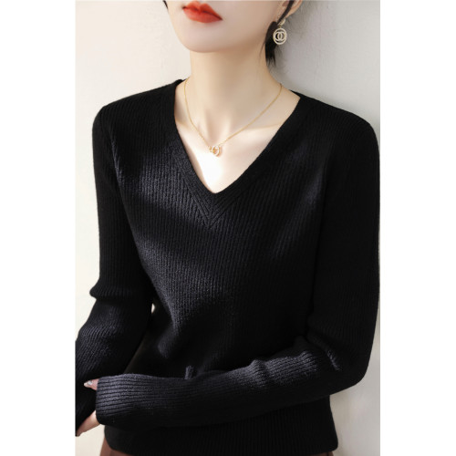春秋2025新品灰色v領長袖內搭針織打底衫女裝修身高級慵嬾風毛衣