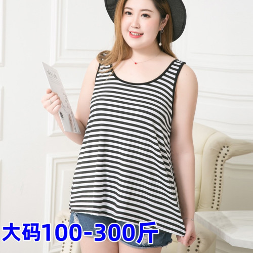 夏季新款胖mm特大碼300斤A字無袖吊帶條紋背心寬松遮肉顯瘦打底衫