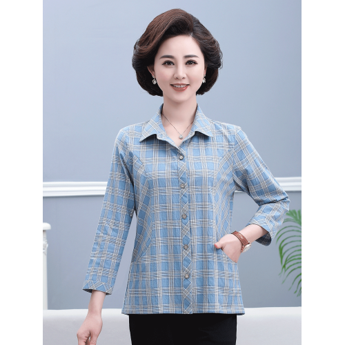春竹世家媽媽純棉長袖條紋襯衫中老年女裝春秋款時尚百搭全棉上衣