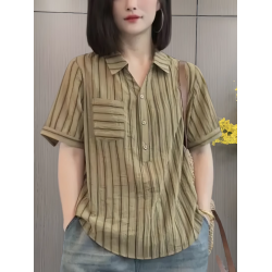 時尚條紋天絲棉麻襯衫女2025夏季薄款媽媽裝短袖打底衫寬松上衣潮