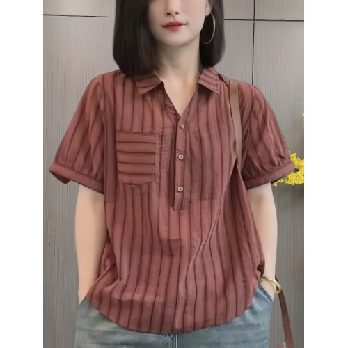 時尚條紋天絲棉麻襯衫女2025夏季薄款媽媽裝短袖打底衫寬松上衣潮