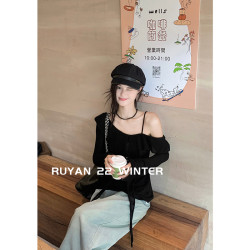 RUYAN~入眼秋季女裝2024年新款一字肩針織打底衫露肩吊帶上衣女