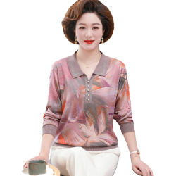 中老年女秋裝薄款長袖上衣洋氣翻領小衫新款媽媽裝春秋寬松打底衫