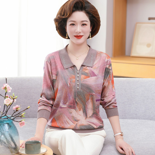 中老年女秋裝薄款長袖上衣洋氣翻領小衫新款媽媽裝春秋寬松打底衫