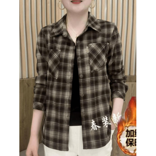 媽媽裝格子襯衫女2025春秋款中老年女裝洋氣打底衫翻領長袖上衣