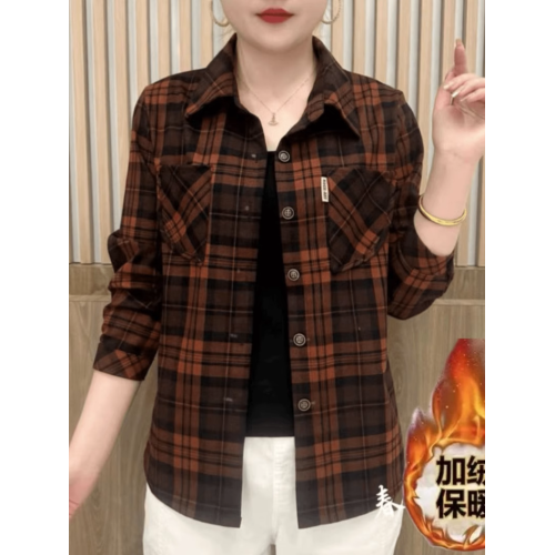 媽媽裝格子襯衫女2025春秋款中老年女裝洋氣打底衫繙領長袖上衣