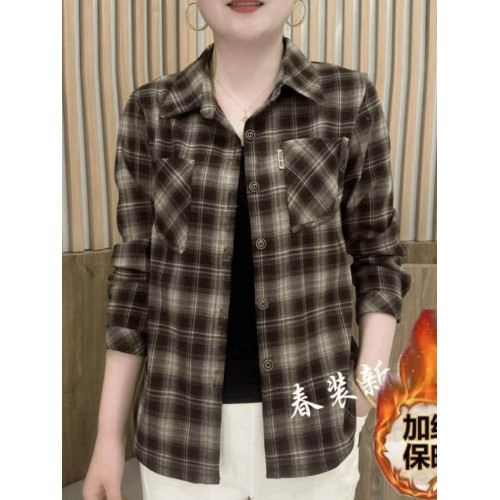 媽媽裝格子襯衫女2025春秋款中老年女裝洋氣打底衫繙領長袖上衣