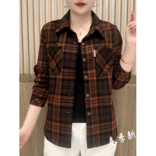 媽媽裝格子襯衫女2025春秋款中老年女裝洋氣打底衫翻領長袖上衣