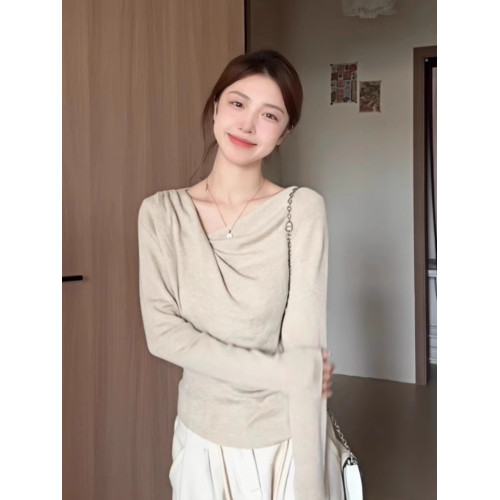 韓國淺藍色不規則蕩領扭結針織上衣女2025春夏修身露肩打底衫長袖