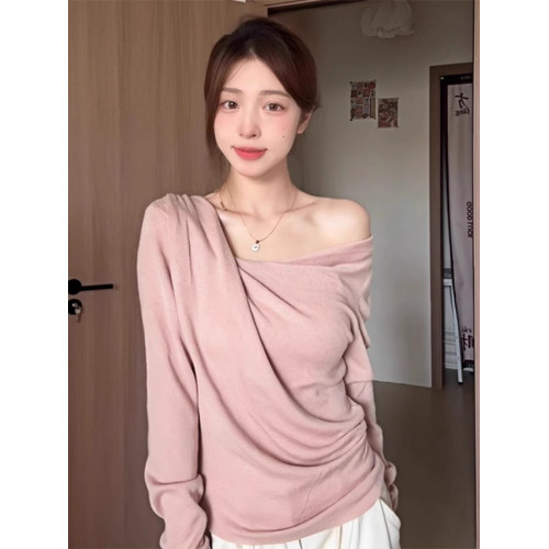 韓國淺藍色不規則蕩領扭結針織上衣女2025春夏修身露肩打底衫長袖