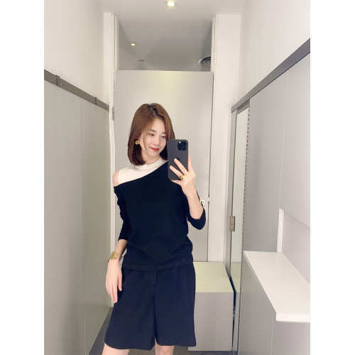 高級感露肩圓領假兩件羊毛針織打底衫女2024秋冬小衆別致上衣毛衣