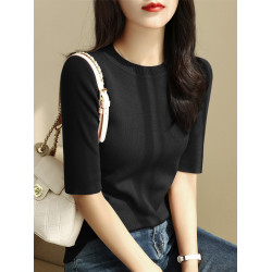 簡約圓領五分袖顯瘦打底衫2025年時尚春秋百搭中袖修身針織衫上衣