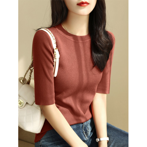 簡約圓領五分袖顯瘦打底衫2025年時尚春秋百搭中袖修身針織衫上衣