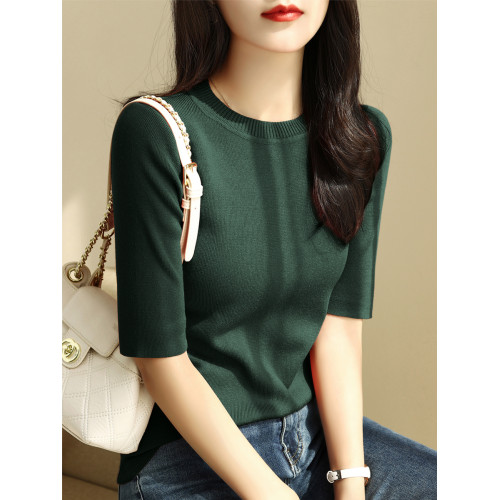 簡約圓領五分袖顯瘦打底衫2025年時尚春秋百搭中袖修身針織衫上衣