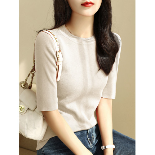 簡約圓領五分袖顯瘦打底衫2025年時尚春秋百搭中袖修身針織衫上衣