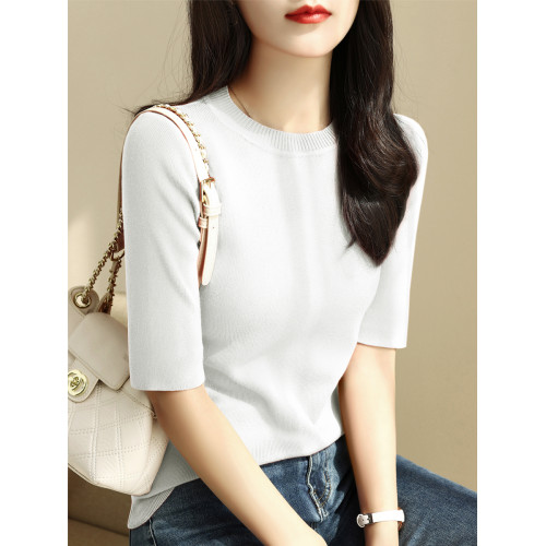 簡約圓領五分袖顯瘦打底衫2025年時尚春秋百搭中袖修身針織衫上衣