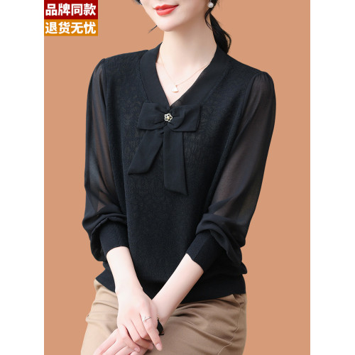 桑蠶絲針織打底衫女春夏2025新款薄款蕾絲紗紗長袖上衣蝴蝶結毛衣