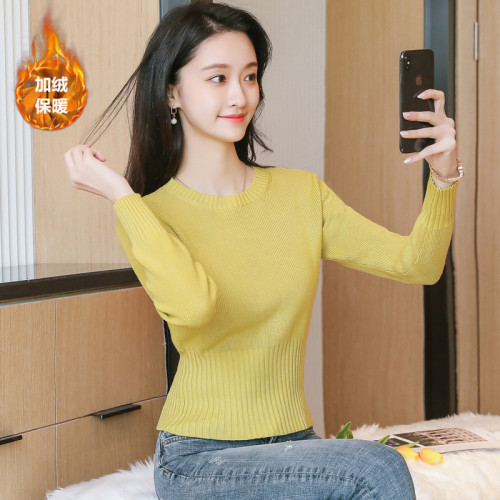 小個子針織衫上衣女秋冬新款加絨加厚修身羊毛打底衫百搭短款毛衣