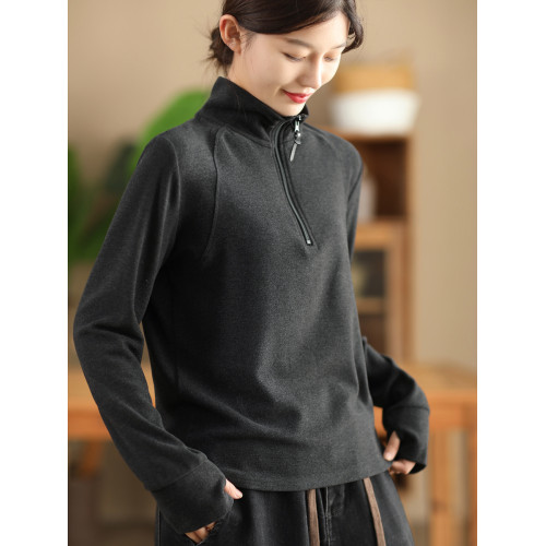 園園美衣時尚雙面澳絨打底衫女半拉鍊顯瘦長袖套頭衫保暖絨衫上衣