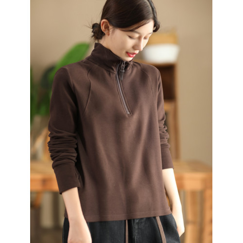 園園美衣時尚雙面澳絨打底衫女半拉鍊顯瘦長袖套頭衫保暖絨衫上衣